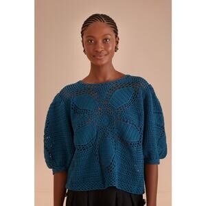 Farm Rio Teal Flower Draw Crochet Blouse - S